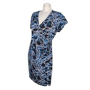 George Womens Polka Dot Pattern Wrap Dress M 8-10 Black/Blue Stretchy Short Slee